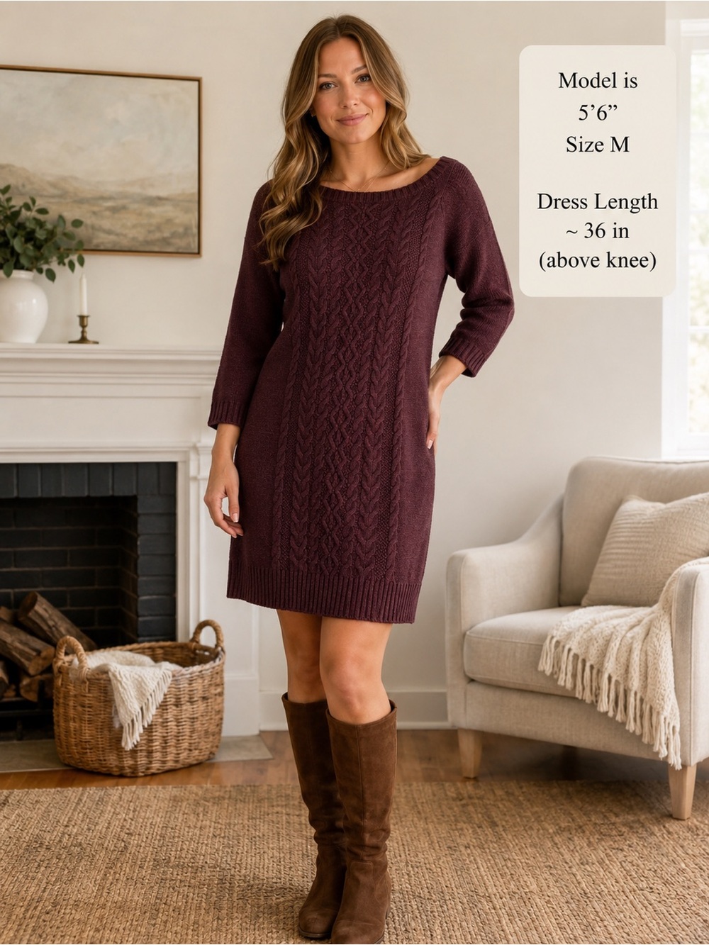 Old Navy Burgundy Cable Knit Sweater 3/4 Sleeve Dress Cozy Fall Winter